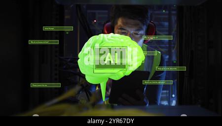 Image of ai text, scanner, brain and dialogue over asian male technician in dark server room Stock Photo