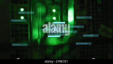 Image of ai text and scanner processing with dialogue boxes over server room Stock Photo