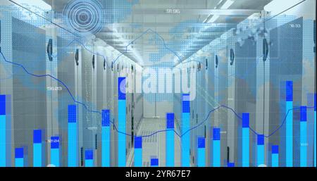 Image of graphs and circular scanners processing data over server room Stock Photo
