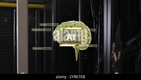 Image of ai text on scanner with brain and interface dialogue boxes over dark server room Stock Photo
