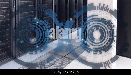 Image of two blue circular scanners processing over server room Stock Photo