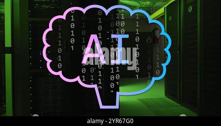 Image of ai text and brain icon over binary data processing and server room Stock Photo