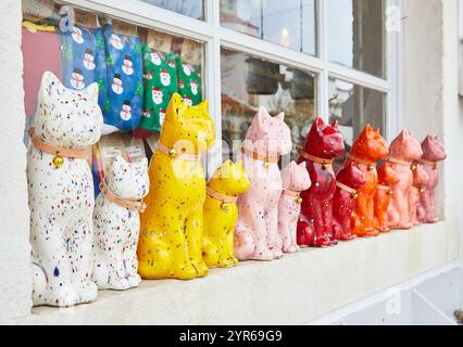 Ceramics for sale on the street market in Nazare. Authentic traditional portuguese souvenirs. Travel concept Stock Photo