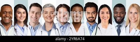 Collage Of Multiethnic Doctors And Medical Workers Portraits, Gray Backgrounds Stock Photo