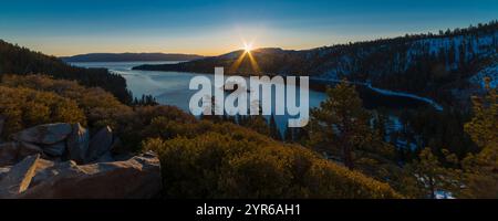 MARCH 2021, SOUTH LAKE TAHOE, CALIFORNIA - Sunrise on Emerald Bay overlook reveals Fannette Island, South Lake Tahoe, California Stock Photo