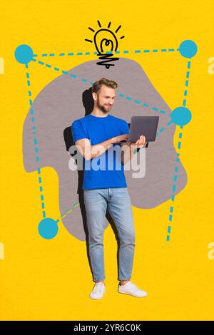 Poster trend sketch template 3D photo collage of line point creative idea lamp brainstorming young guy stand work laptop student think Stock Photo