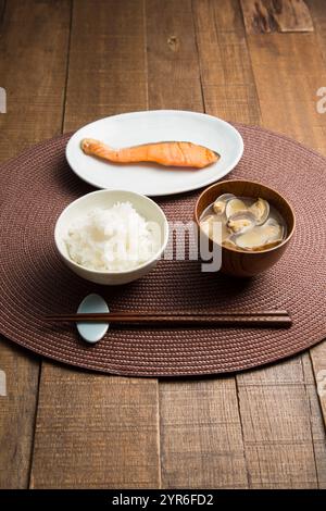 Breakfast of white rice, miso soup with Asari Clams and grilled salmon Stock Photo