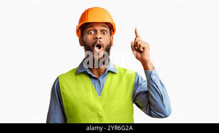 Builder Pointing Finger Up Having Great Idea On White Background Stock Photo