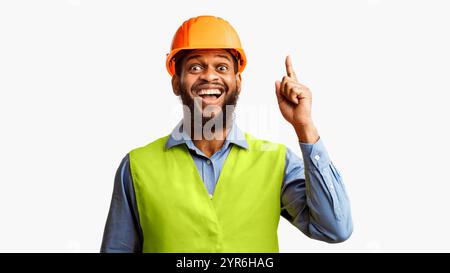 Excited Construction Worker Pointing Finger Up Having Idea, White Background Stock Photo