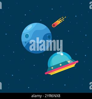 UFO spaceship with blue planet. UFO escape from blue planet. Meteor impact on blue planet. Vector illustration Stock Vector