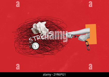 Composite photo collage of hands pull chain trap stress alarm deadline workload scribble crumpled paper isolated on painted background Stock Photo