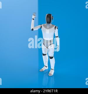 3d rendering humanoid robot or ai cyborg with black face hand up for greeting Stock Photo