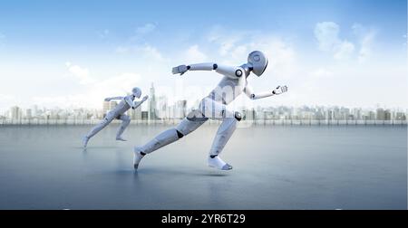 Artificial intelligence robot for smart city with 3d rendering assistant robot run or move ahead in city Stock Photo
