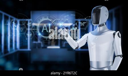 Ai technology with 3d rendering humanoid robot with hud graphic interface Stock Photo