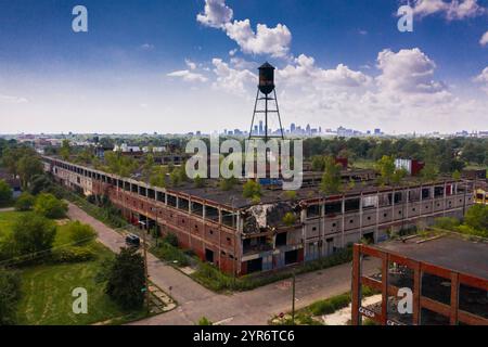 SEPTEMBER 2021, DETROIT, MICHIGAN, USA - aerial drone view of Deserted Packard Auto Plant - from 1903-1956, Detroit, Michigan Stock Photo