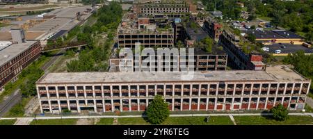 SEPTEMBER 2021, DETROIT, MICHIGAN, USA - aerial drone view of Deserted Packard Auto Plant - from 1903-1956, Detroit, Michigan Stock Photo