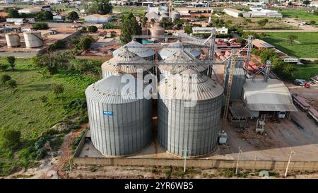 luiz eduardo magalhaes, bahia, brazil - november 30, 2024: aerial view of a silage shed for grain storage after harvest in Bahia. Stock Photo