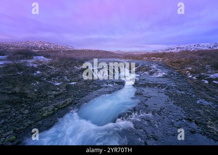 Winter sunrise at Bruarfoss waterfall, Iceland. Stock Photo