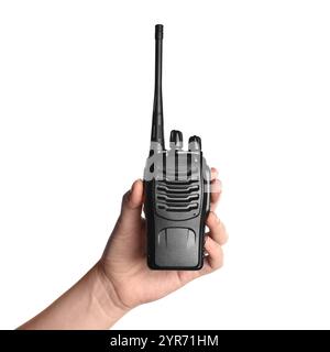 Woman with walkie talkie on white background, closeup Stock Photo