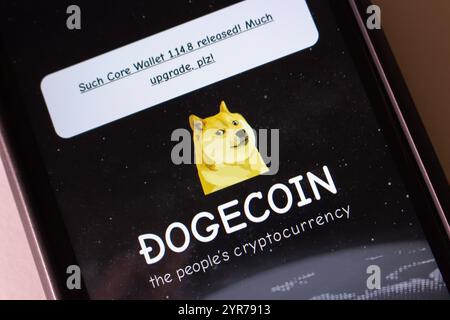 Dogecoin website is displayed on an iPhone screen. Dogecoin is a meme-based cryptocurrency featuring the Shiba Inu from the 'Doge' meme. Stock Photo