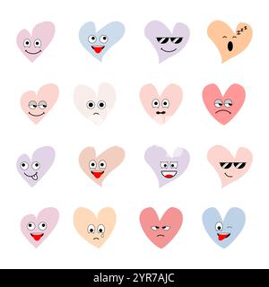 Set of cute love emoticon with 16 variations of expression. Colorized concept. Vector illustration. Stock Vector