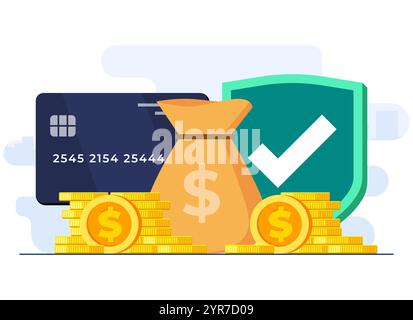 Secure mobile bank payments with bank credit or debit card concept flat vector illustration template, Safety and protection of money transactions, Sec Stock Vector