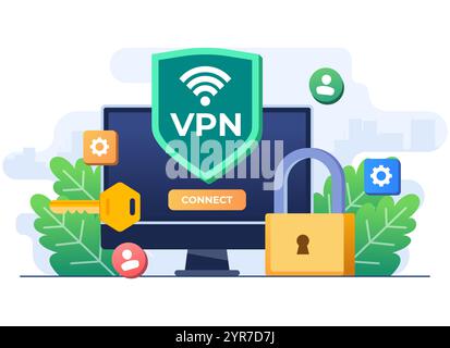 Virtual private network, VPN, Secure web traffic, Encrypted data transfer, Secure network access, Safety on internet, Data protection, Cybersecurity, Stock Vector