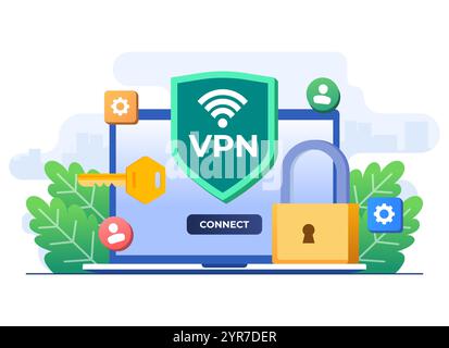 Virtual private network flat illustration, Secure web traffic, Encrypted data transfer, VPN access, Digital personal data protection, Remote server, S Stock Vector