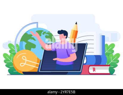 Male teacher teaching on computer screen flat vector illustration, Online education, e-learning, online course, online webinar, video tutorial Stock Vector