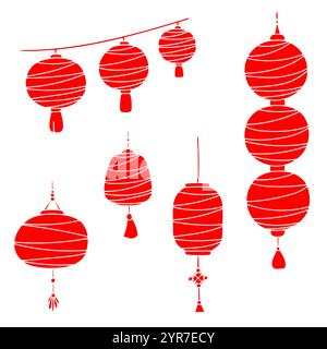 A set of red paper lanterns. Simple line art contour silhouette icons. Stock Vector
