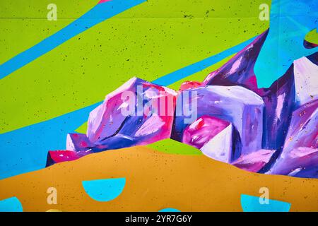 Vibrant Abstract Mural of Geometric Forms Eye-Level View Stock Photo