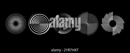Radial spinning spiral pattern set. Circular speed lines form collection. Rotating circle sound wave concepts. Abstract sunburst ray and beam design element for icon, badge, logo, tag, label. Vector Stock Vector