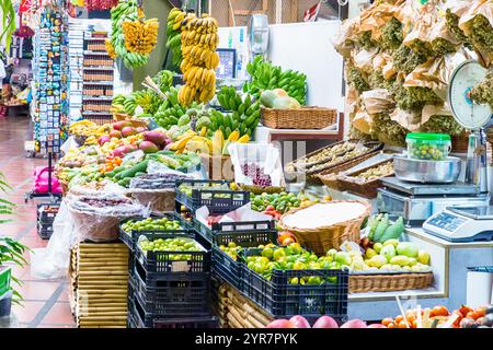 vibrant colors and lively atmosphere of the Mercado dos Lavradores in Funchal, Madeira Stock Photo