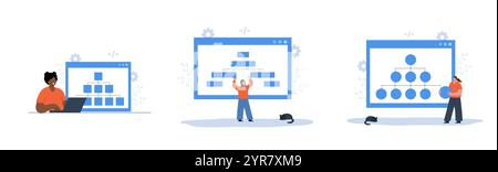Sitemap Creation concept. Set of Vector illustrations. Website SEO management. Female Developer organizes site structure. Search optimization Stock Vector