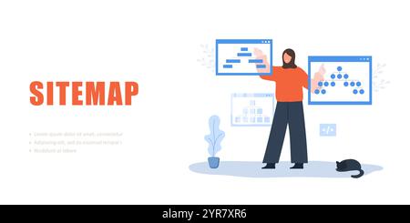 Sitemap concept. Arab Female Developer creation Strategy. Website SEO management. UX designer workflow. Vector illustration Stock Vector