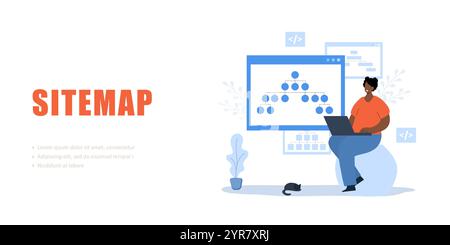 Sitemap creation concept. Website creation tool. SEO optimization. African Female developer with laptop. Vector illustration Stock Vector