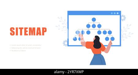 Sitemap Creation process. Online software and web page structure. Female Developer organizes site architecture. Vector illustration Stock Vector