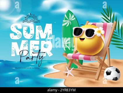 Summer party emoji clipart design. Summer party text with emoji character sitting on beach chair in outdoor sunny day beach background. Vector Stock Vector