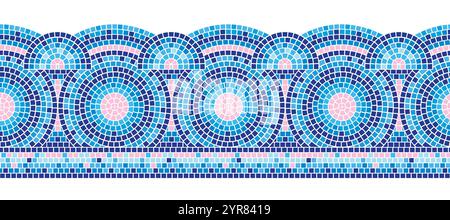 Decorative mosaic border with circular pattern. Frame with turquoise, blue and pink squares tiles in radial and wave design. Realistic 3d vector swimming pool edges or home bathroom surface decor. Stock Vector