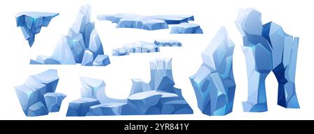 Arctic ice glacier with snow and mountain cartoon illustration. Iceberg and frozen floe piece for antarctica game. North pole landscape element. Blue floating chunk cliff. Icy rough set for winter Stock Vector