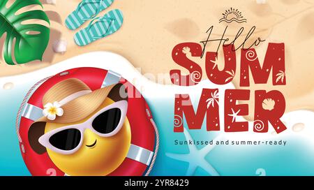 Hello summer emoji clipart banner design. Hello summer greeting text with cool emoji character wearing sunglasses and hat elements in floater beach Stock Vector