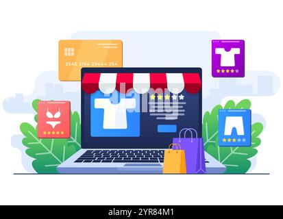 Buy clothes from online clothing store, Online shopping, Order online, e-commerce website, Digital or Virtual marketplace, Internet store flat illustr Stock Vector