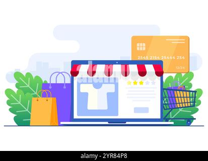Buy clothes from online clothing store, Online shopping, Order online, e-commerce website, Digital or Virtual marketplace, Internet store flat illustr Stock Vector