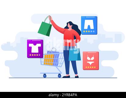 Order clothes online, Shopping concept, Female customer character with shopping bags flat illustration concept, Can used for web banner, infographic, Stock Vector