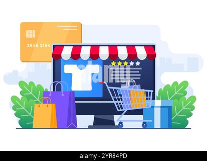 Buy clothes from online clothing store, Online shopping, Order online, e-commerce website, Digital or Virtual marketplace, Internet store flat illustr Stock Vector