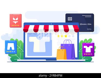 Buy clothes from online clothing store, Online shopping, Order online, e-commerce website, Digital or Virtual marketplace, Internet store flat illustr Stock Vector
