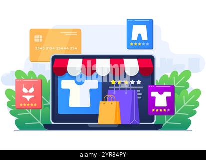 Buy clothes from online clothing store, Online shopping, Order online, e-commerce website, Digital or Virtual marketplace, Internet store flat illustr Stock Vector