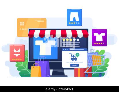 Buy clothes from online clothing store, Online shopping, Order online, e-commerce website, Digital or Virtual marketplace, Internet store flat illustr Stock Vector