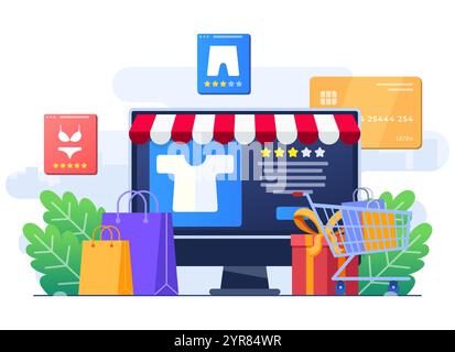 Buy clothes from online clothing store, Online shopping, Order online, e-commerce website, Digital or Virtual marketplace, Internet store flat illustr Stock Vector