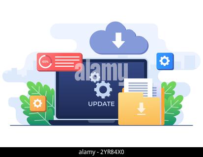 Upgrading operating system flat illustration, System update, System maintenance, Update program and application, Error fixing, troubleshooting, Device Stock Vector